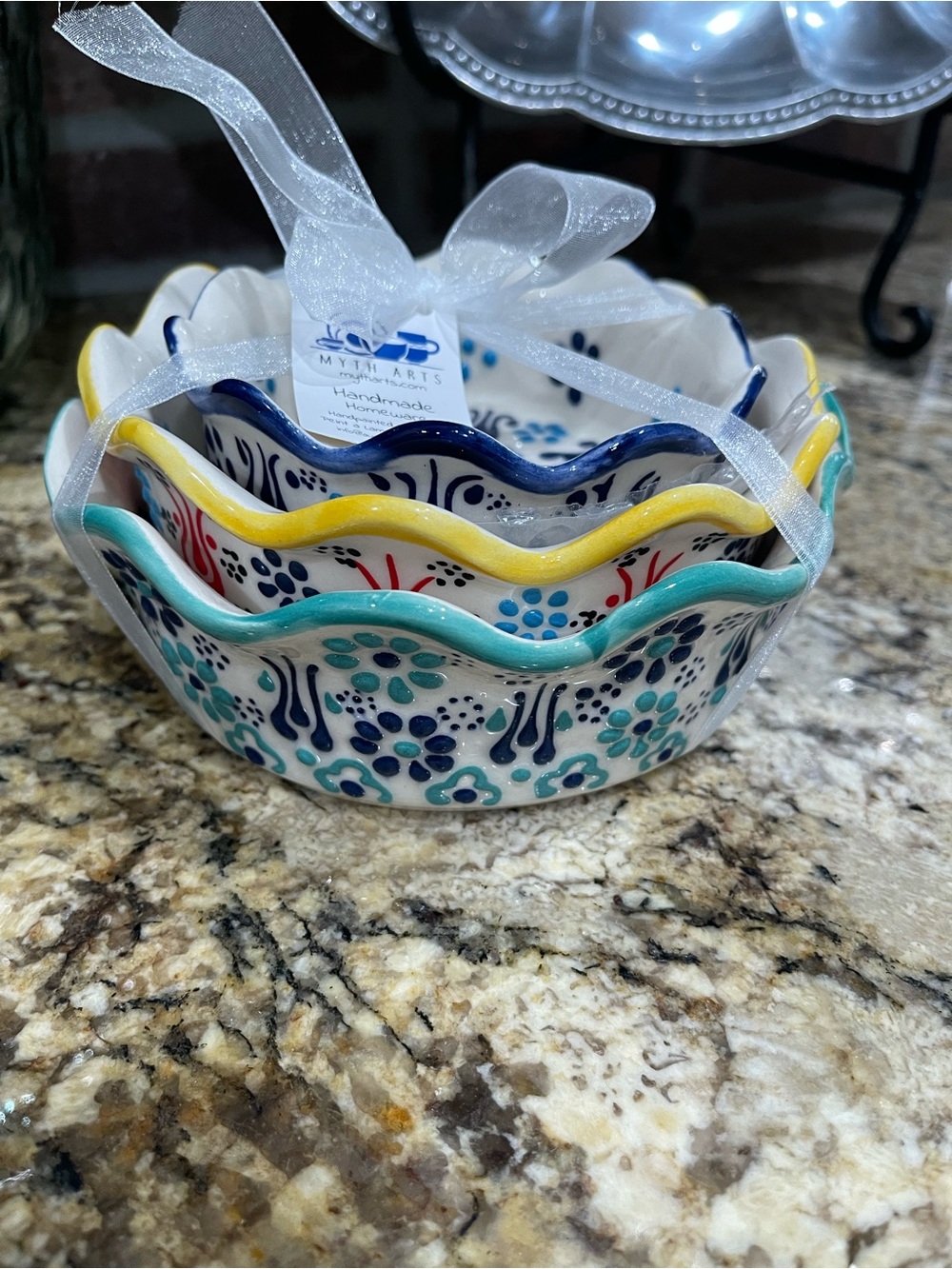 Myth Arts Hand Crafted in Turkey hand painted scalloped bowl trinket dish trio